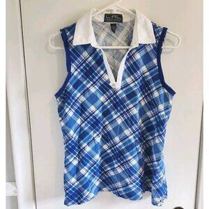 Lauren Ralph Lauren Active Large Blue Plaid Collared Sleeveless Polo Tank Shirt